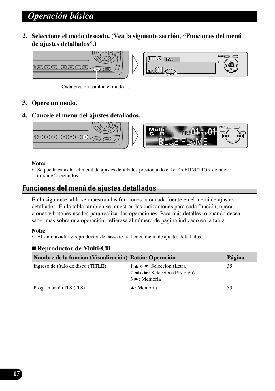 Funciones del menú de ajustes detallados, Operación básica, 7 reproductor de multi-cd | Nota, Cada presión cambia el modo | Pioneer KEH-P8010R User Manual | Page 82 / 132