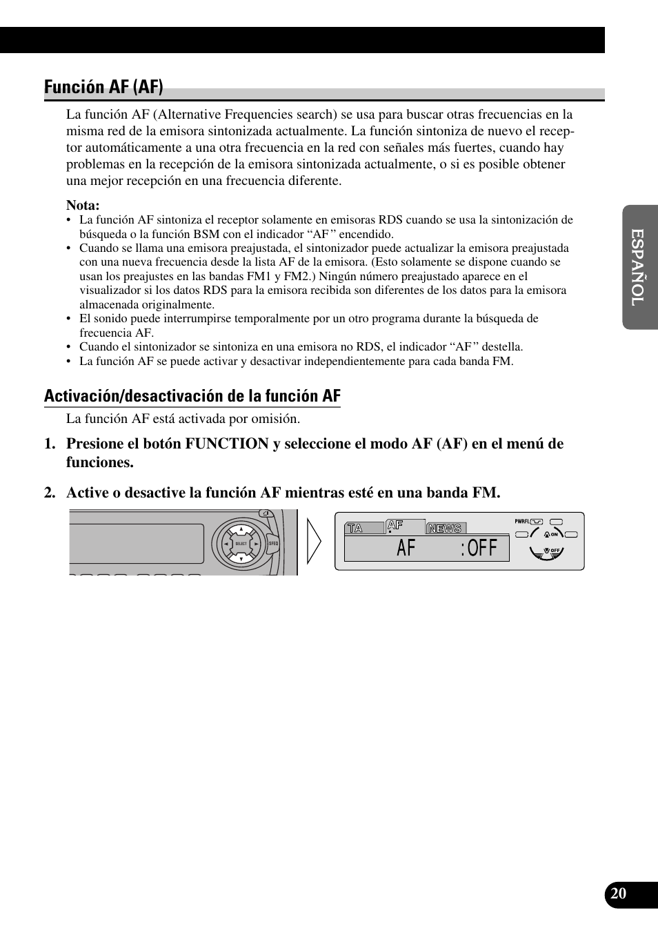 Función af (af), Activación/desactivación de la función af, A title (english) | Pioneer KEH-P8010R User Manual | Page 85 / 132