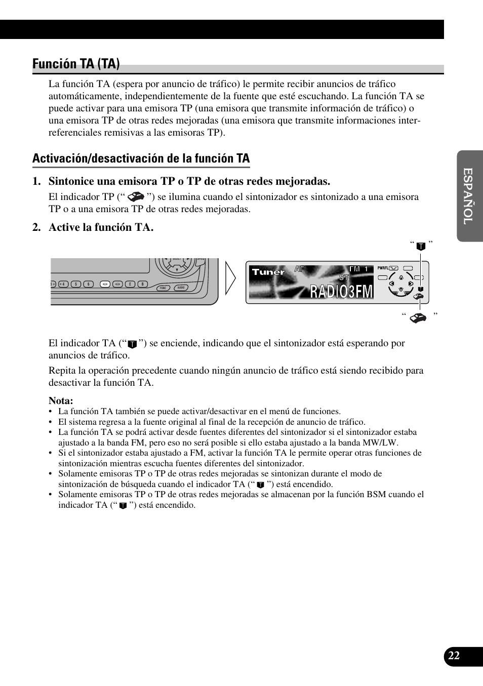 Función ta (ta), Activación/desactivación de la función ta, Active la función ta | Pioneer KEH-P8010R User Manual | Page 87 / 132