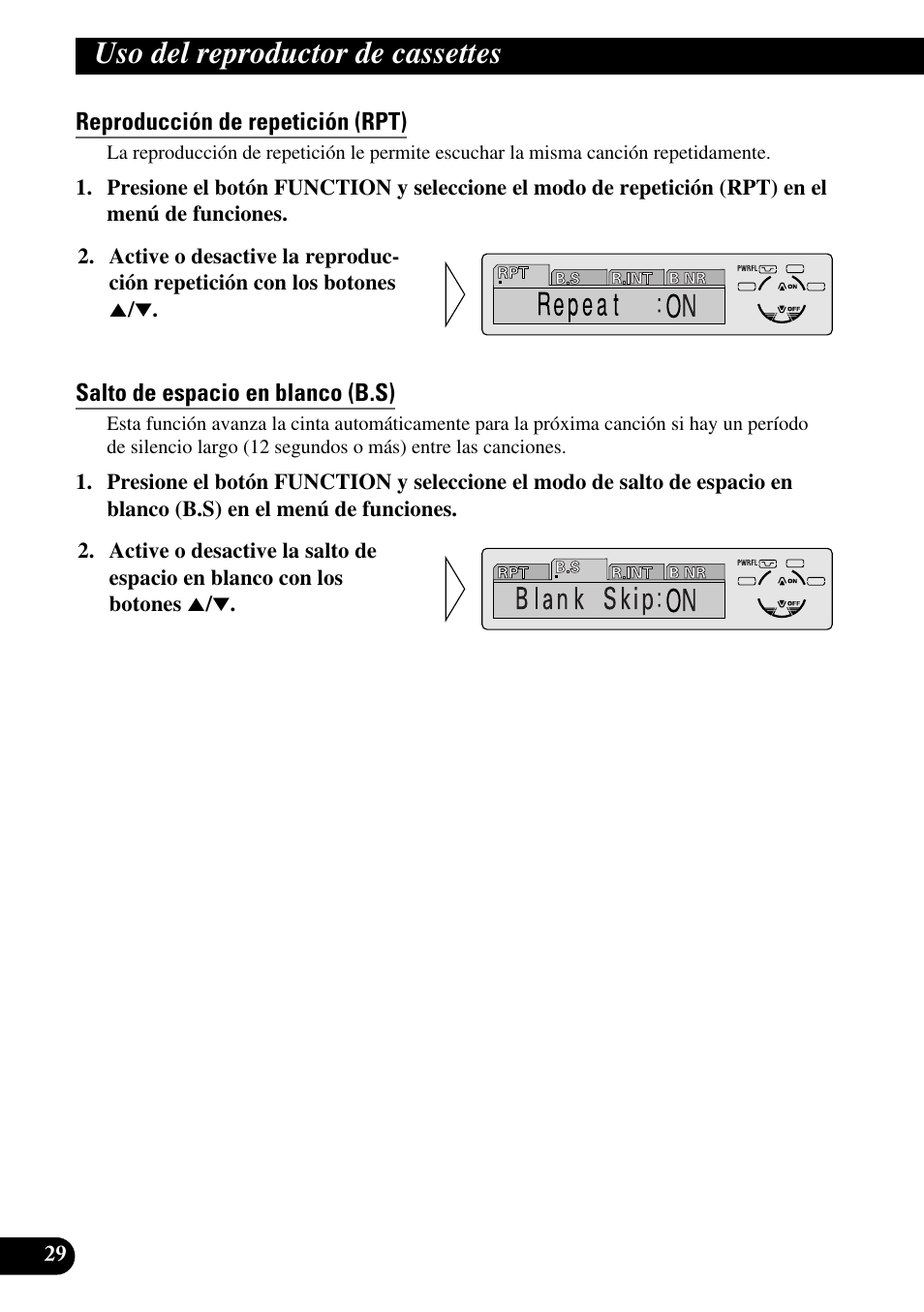 Uso del reproductor de cassettes, Reproducción de repetición (rpt), Salto de espacio en blanco (b.s) | Pioneer KEH-P8010R User Manual | Page 94 / 132