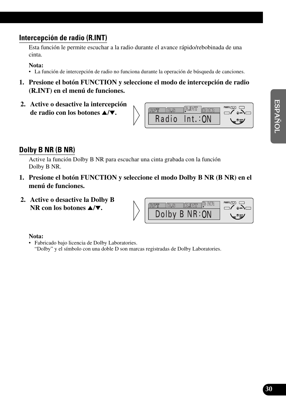 Intercepción de radio (r.int), Dolby b nr (b nr), A title (english) | Pioneer KEH-P8010R User Manual | Page 95 / 132