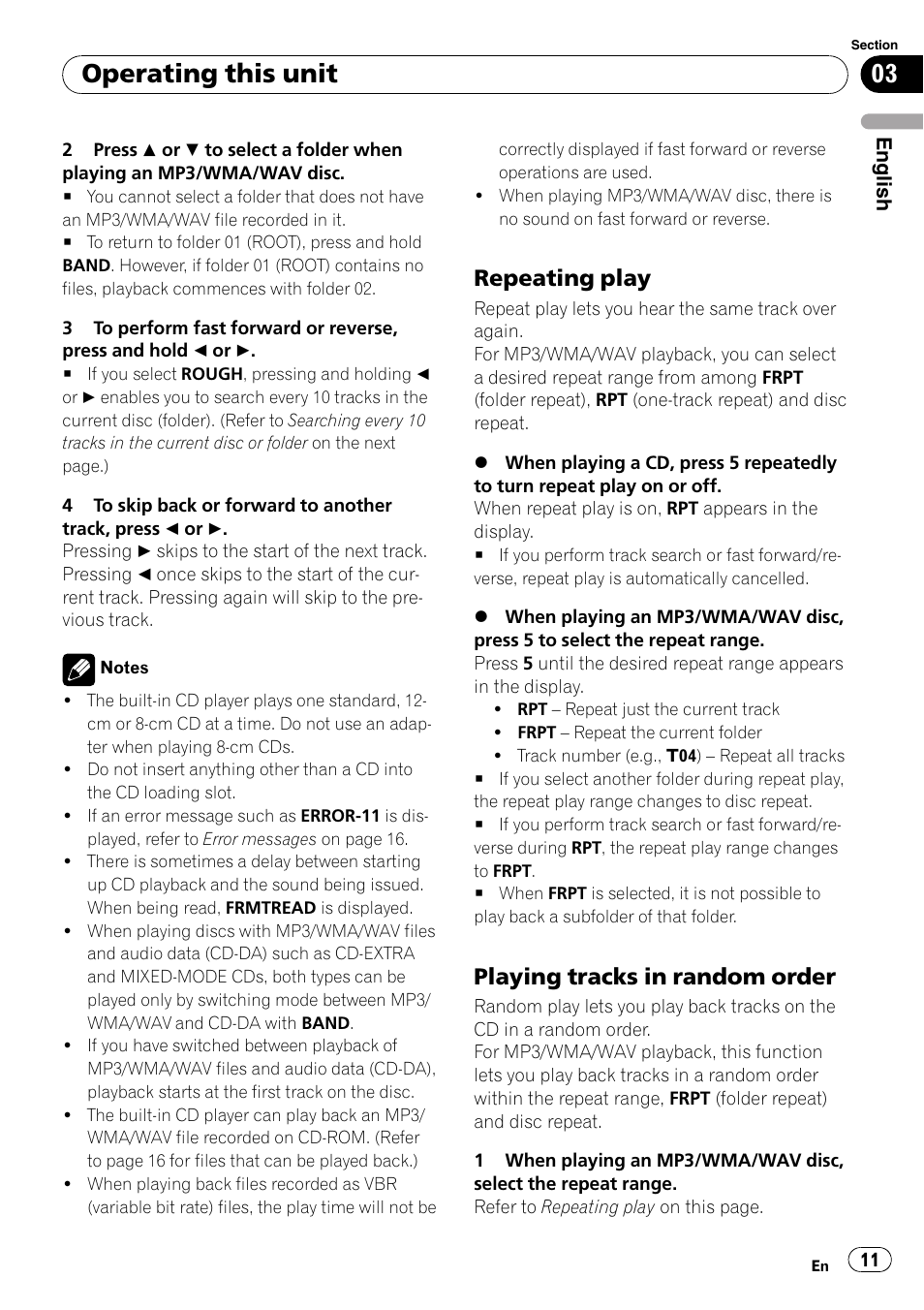 Repeating play 11, Playing tracks in random order 11, Operating this unit | Repeating play, Playing tracks in random order | Pioneer DEH-2800MP User Manual | Page 11 / 61