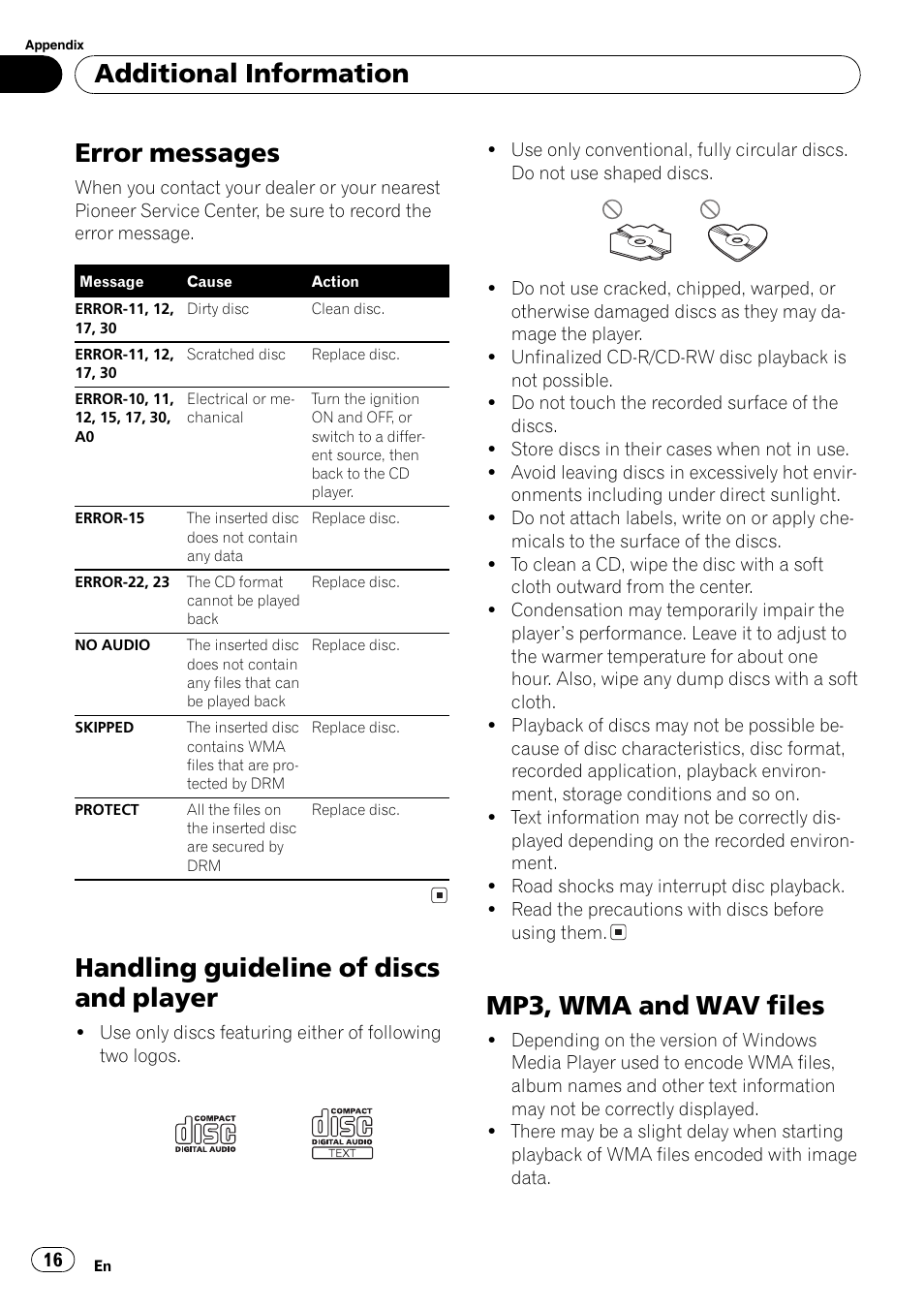 Error messages, Handling guideline of discs and player, Mp3, wma and wav files | Additional information | Pioneer DEH-2800MP User Manual | Page 16 / 61