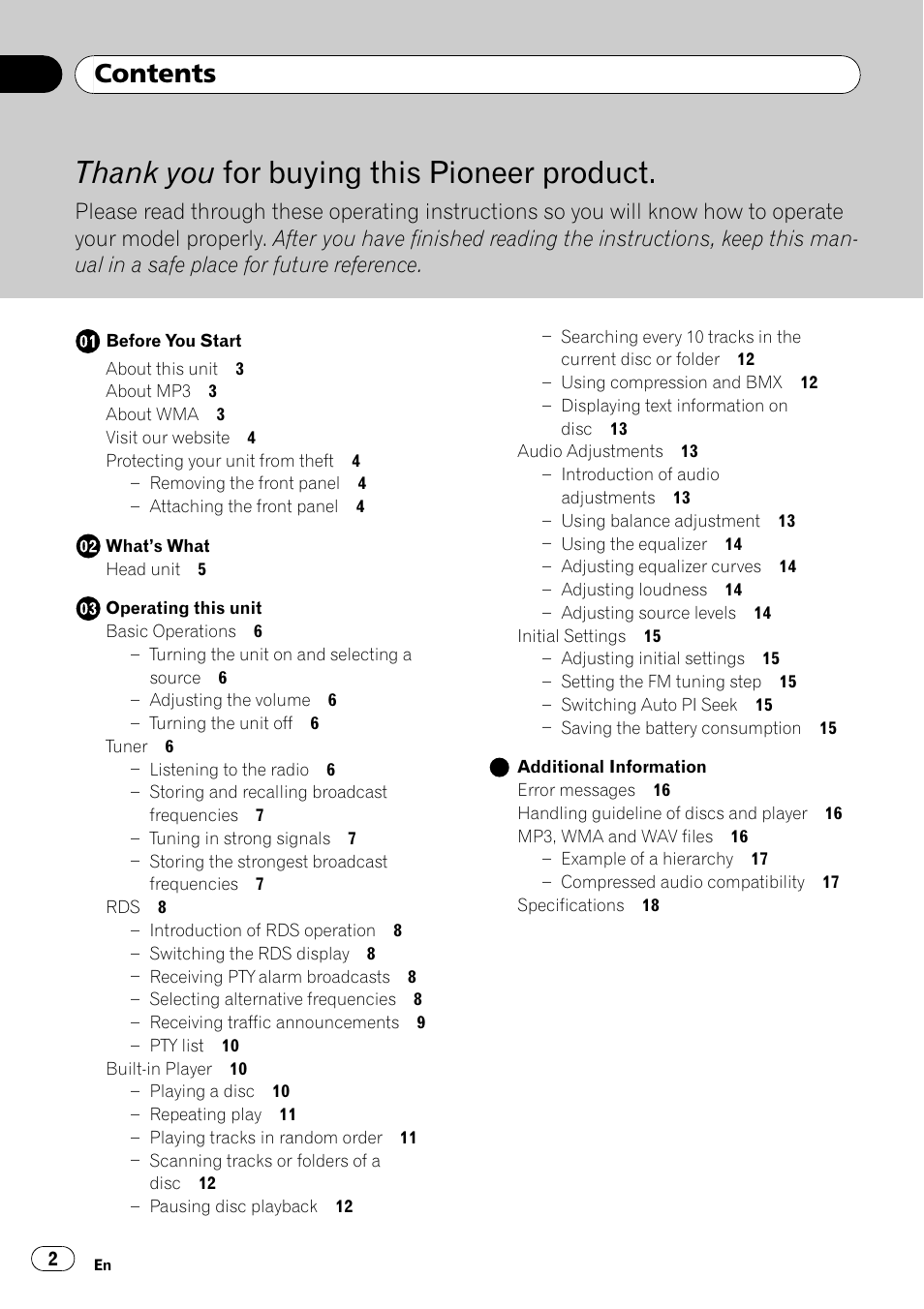 Pioneer DEH-2800MP User Manual | Page 2 / 61