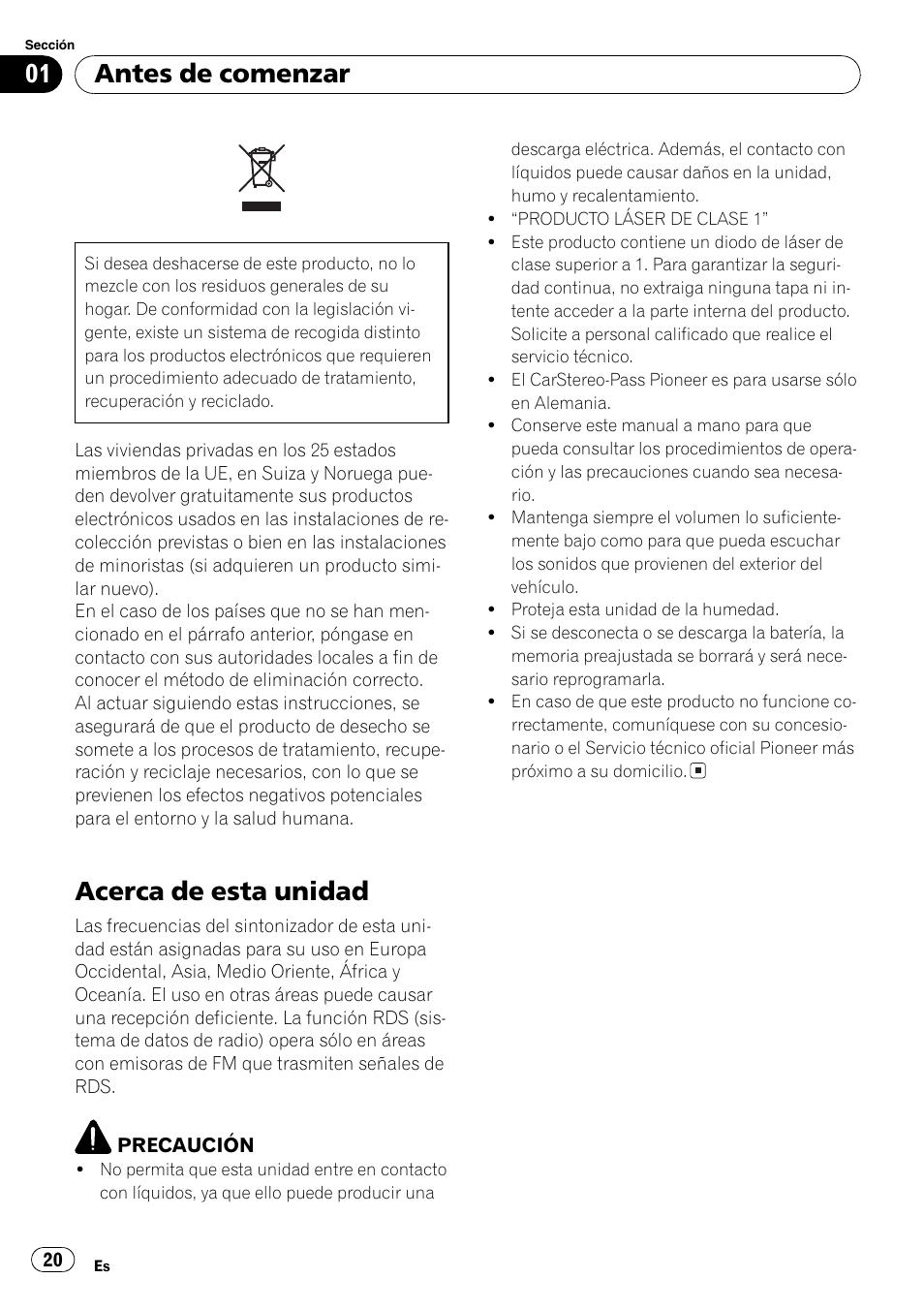 Antes de comenzar acerca de esta unidad 20, Acerca de esta unidad, Antes de comenzar | Pioneer DEH-2800MP User Manual | Page 20 / 61