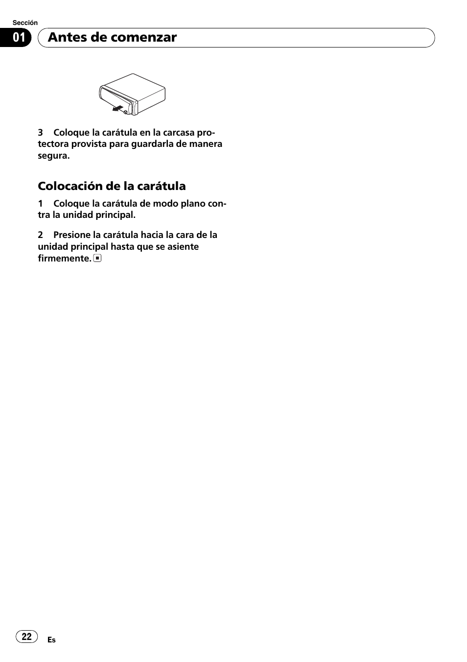 Colocación de la carátula 22, Antes de comenzar | Pioneer DEH-2800MP User Manual | Page 22 / 61