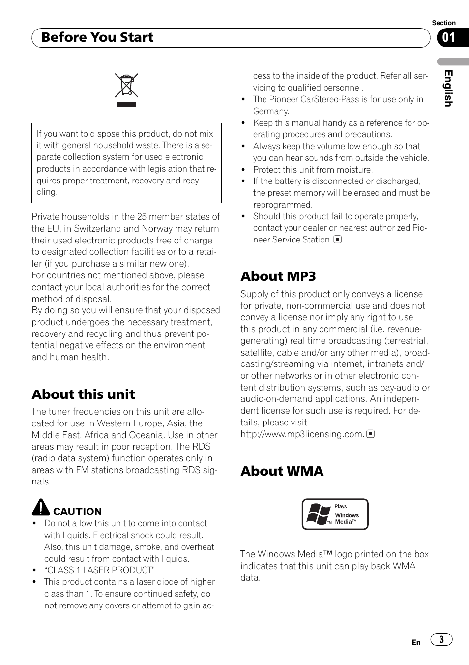 About this unit, About mp3, About wma | Before you start | Pioneer DEH-2800MP User Manual | Page 3 / 61