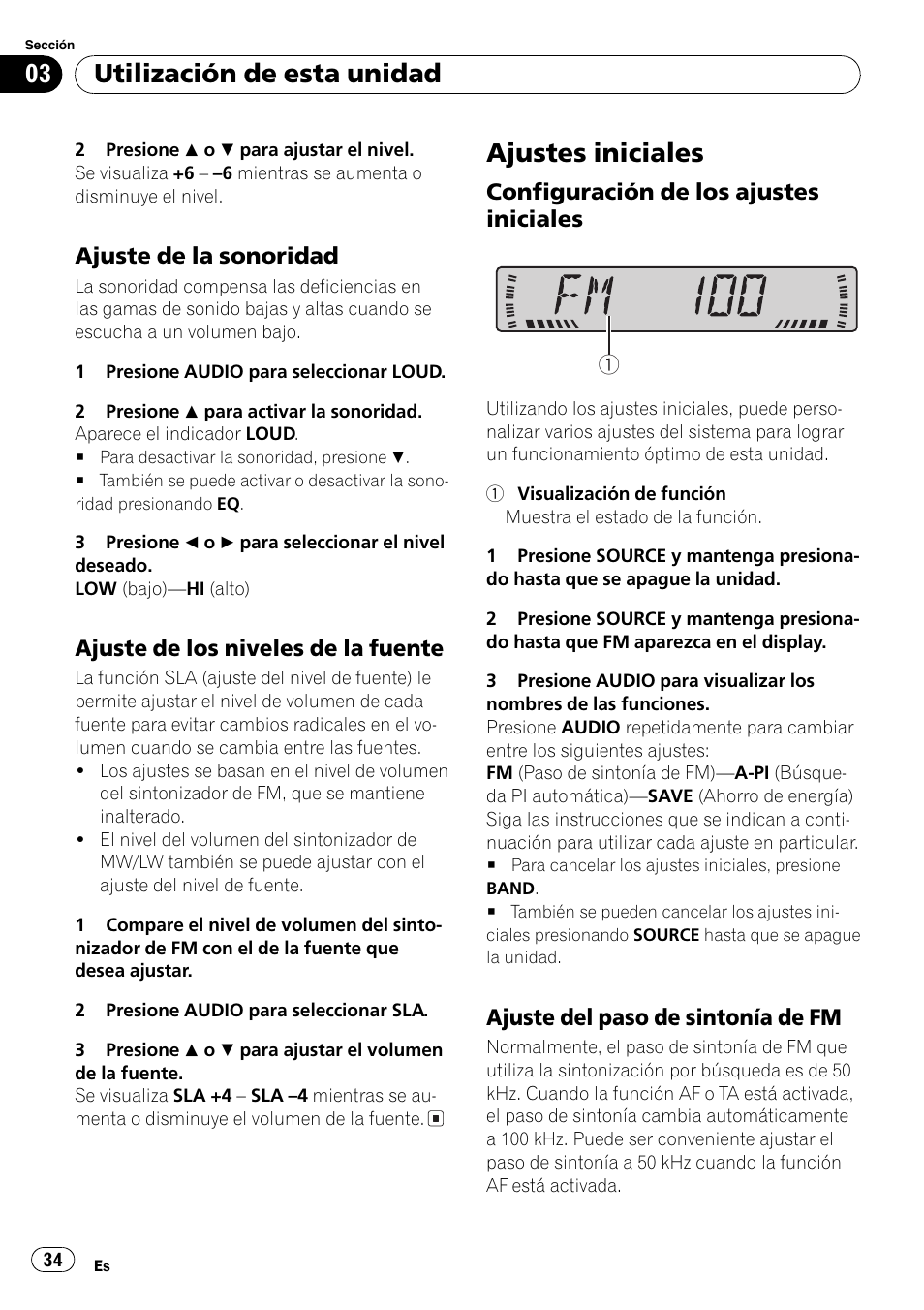 Ajuste de la sonoridad 34, Ajuste de los niveles de la fuente 34, Ajustes iniciales 34 | Configuración de los ajustes, Iniciales 34, Ajuste del paso de sintonía de fm 34, Ajustes iniciales, Utilización de esta unidad, Ajuste de la sonoridad, Ajuste de los niveles de la fuente | Pioneer DEH-2800MP User Manual | Page 34 / 61