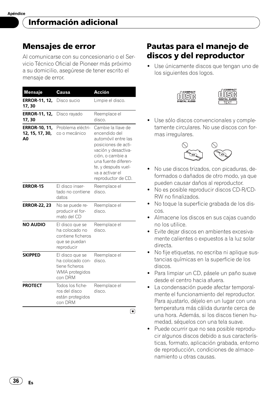 Información adicional, Mensajes de error 36, Pautas para el manejo de discos y del | Reproductor 36, Mensajes de error, Pautas para el manejo de discos y del reproductor | Pioneer DEH-2800MP User Manual | Page 36 / 61