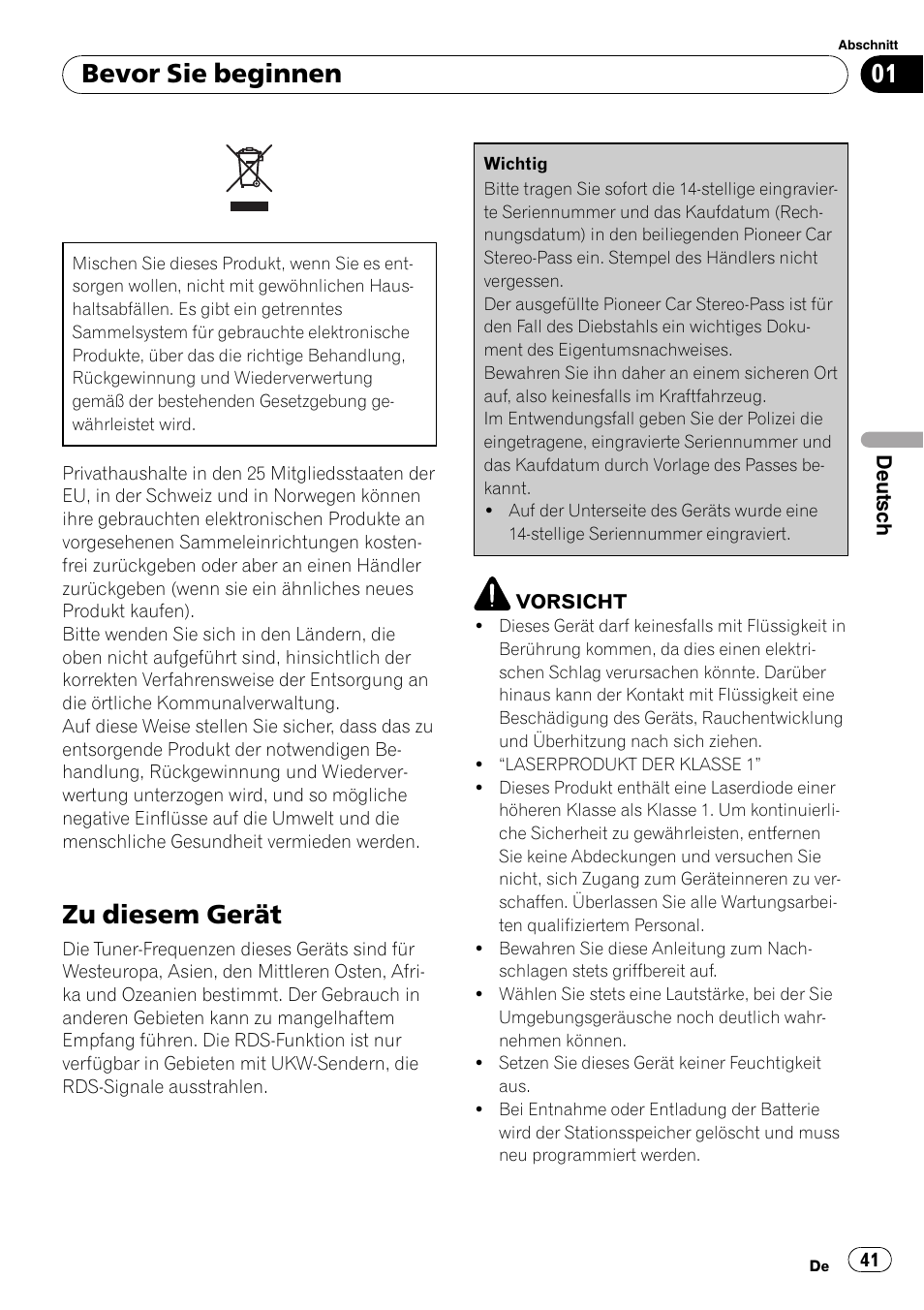 Bevor sie beginnen zu diesem gerät 41, Zu diesem gerät, Bevor sie beginnen | Pioneer DEH-2800MP User Manual | Page 41 / 61