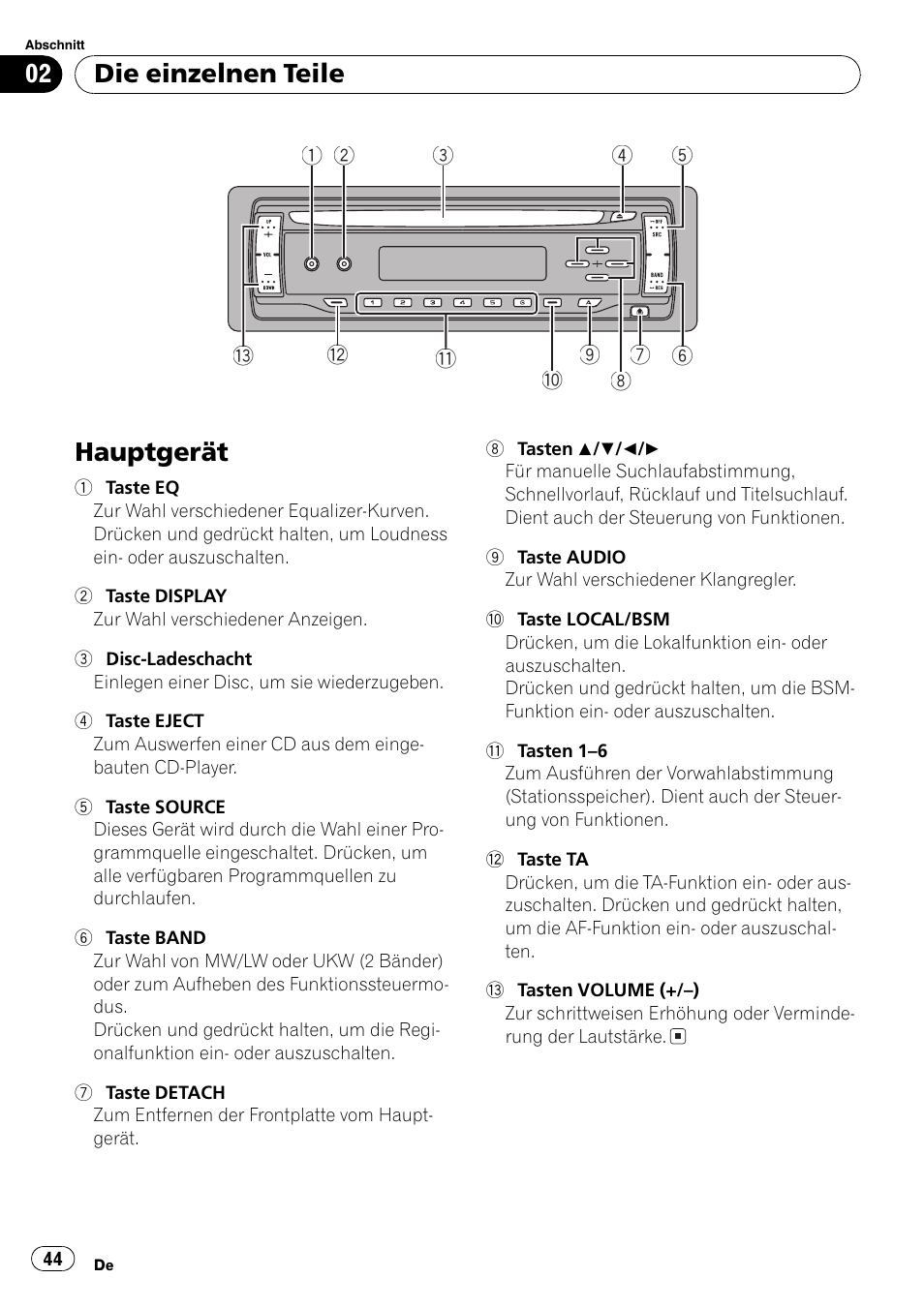 Die einzelnen teile, Hauptgerät 44, Hauptgerät | Pioneer DEH-2800MP User Manual | Page 44 / 61