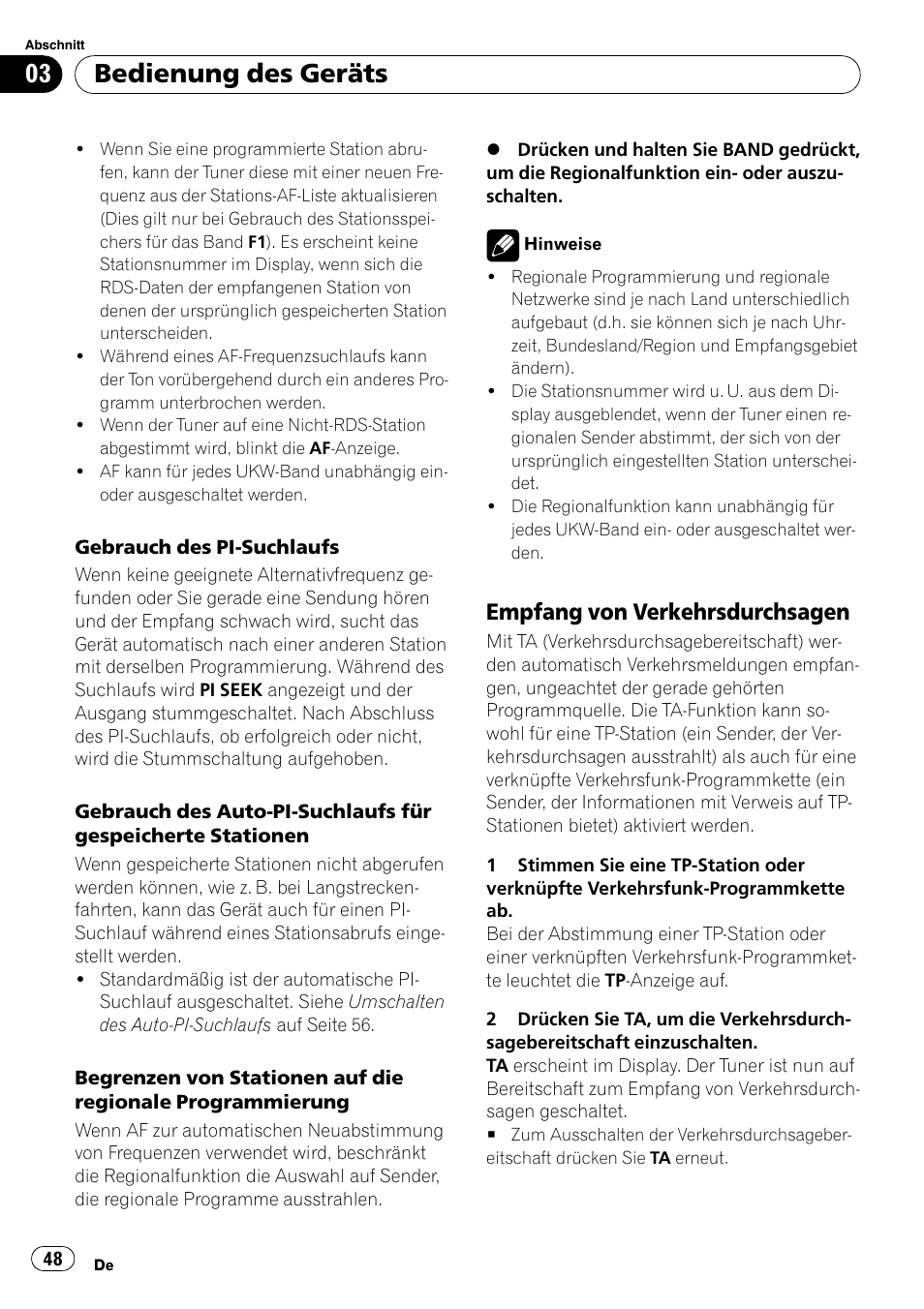 Empfang von, Verkehrsdurchsagen 48, Bedienung des geräts | Empfang von verkehrsdurchsagen | Pioneer DEH-2800MP User Manual | Page 48 / 61