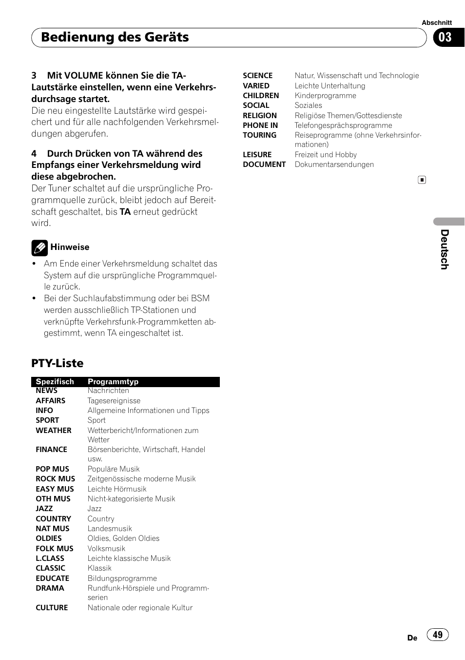 Pty-liste 49, Bedienung des geräts, Pty-liste | Deutsch | Pioneer DEH-2800MP User Manual | Page 49 / 61