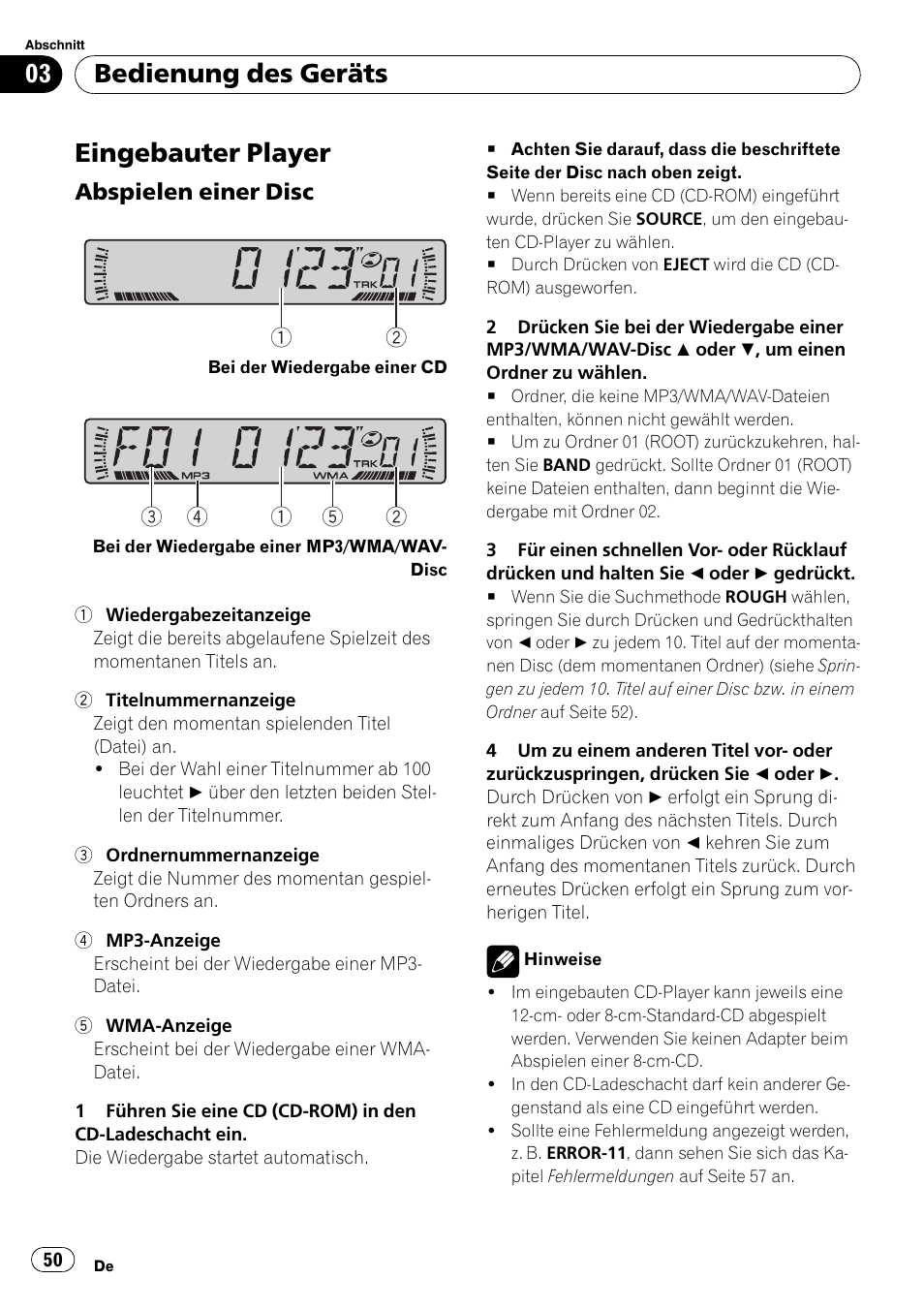 Eingebauter player 50, Abspielen einer disc 50, Eingebauter player | Bedienung des geräts, Abspielen einer disc | Pioneer DEH-2800MP User Manual | Page 50 / 61