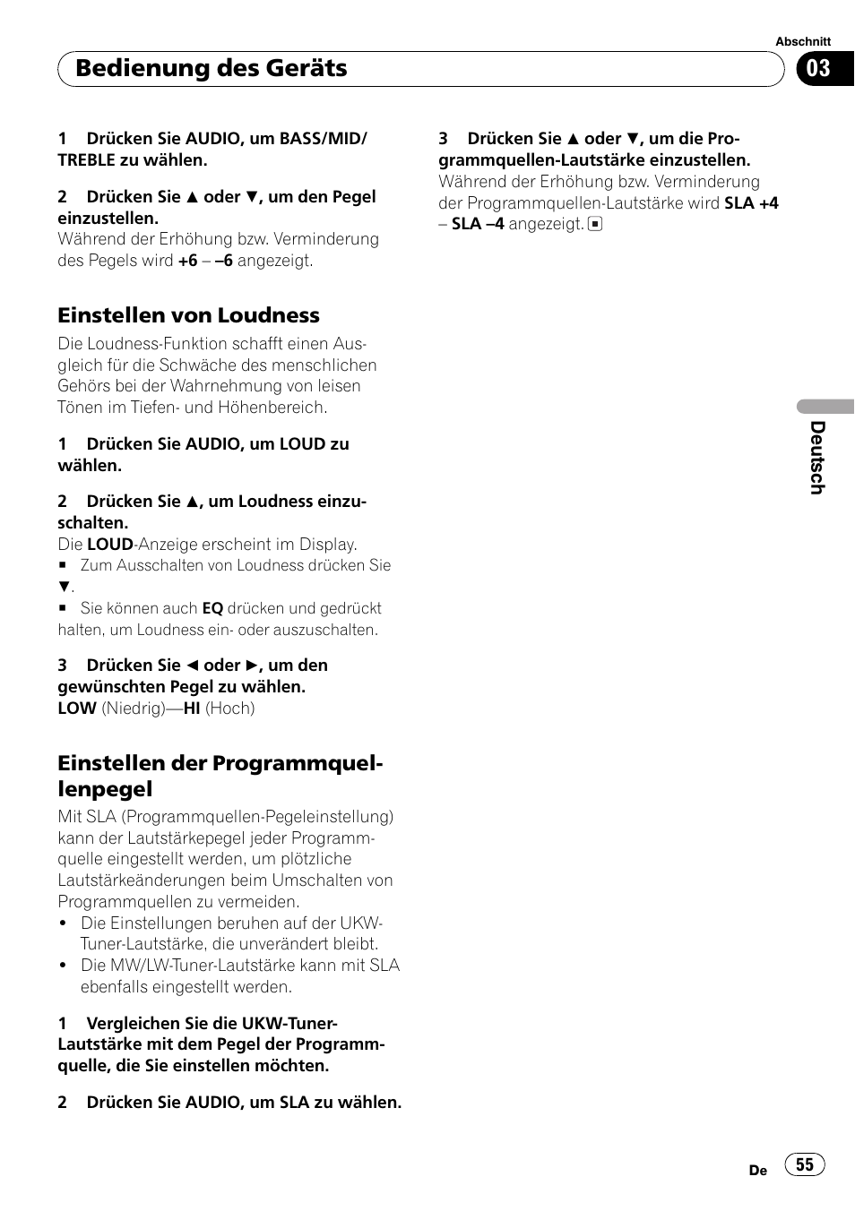Einstellen von loudness 55, Einstellen der, Programmquellenpegel 55 | Bedienung des geräts, Einstellen von loudness, Einstellen der programmquel- lenpegel | Pioneer DEH-2800MP User Manual | Page 55 / 61