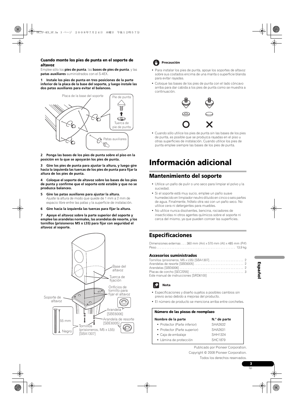 Información adicional, Mantenimiento del soporte, Especificaciones | Pioneer CP-4EX User Manual | Page 15 / 32