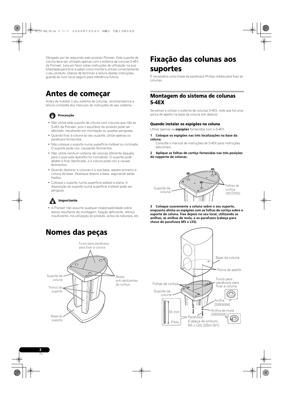 Antes de começar, Nomes das peças fixação das colunas aos suportes, Montagem do sistema de colunas s-4ex | Pioneer CP-4EX User Manual | Page 16 / 32
