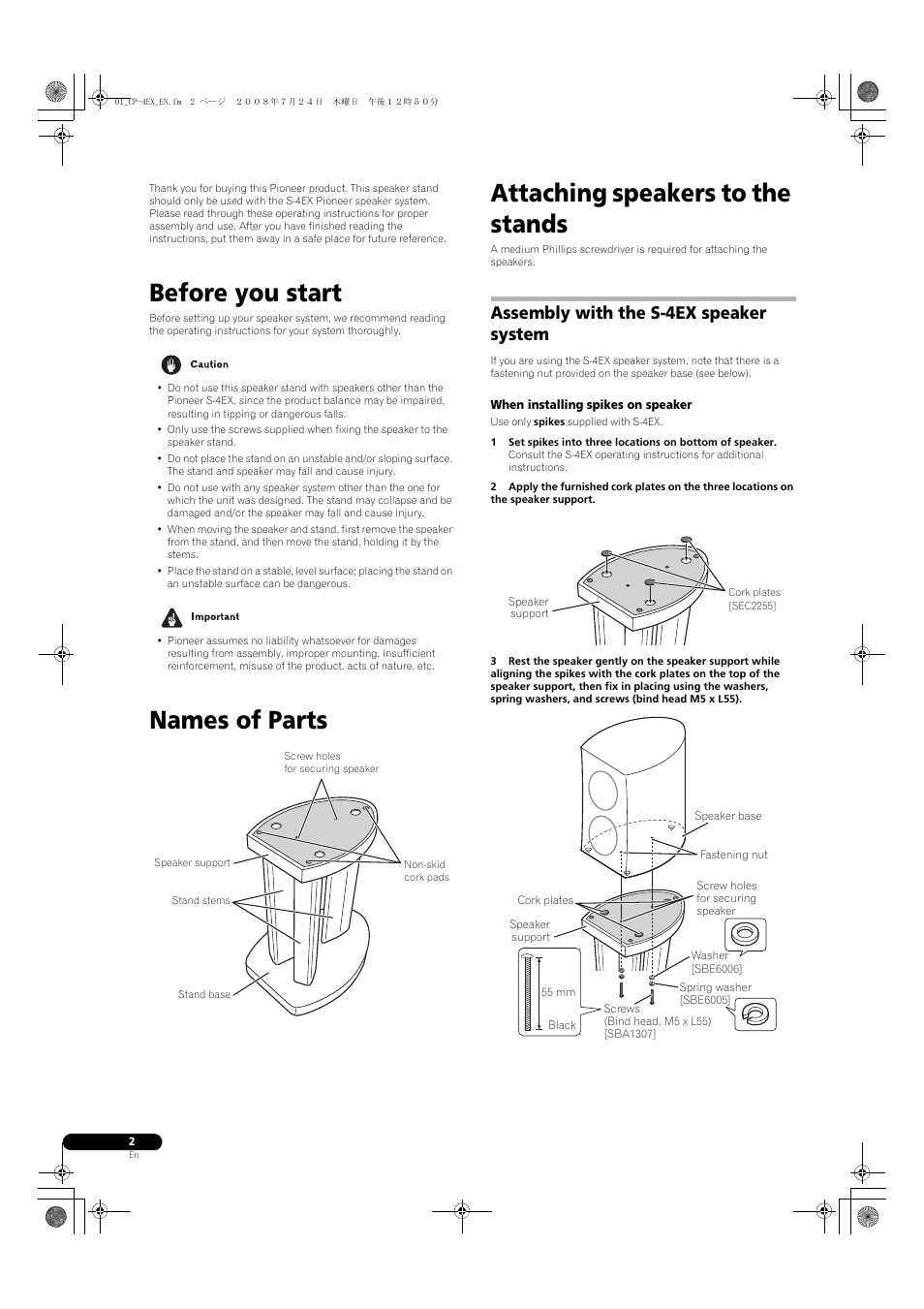 Before you start, Names of parts attaching speakers to the stands, Assembly with the s-4ex speaker system | Pioneer CP-4EX User Manual | Page 2 / 32