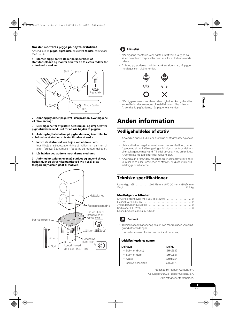 Anden information, Vedligeholdelse af stativ, Tekniske specifikationer | Pioneer CP-4EX User Manual | Page 21 / 32