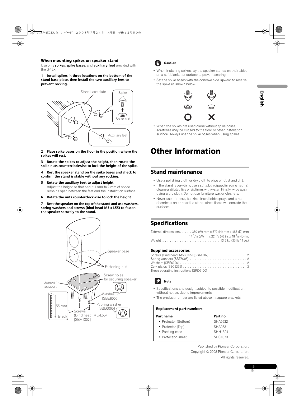 Other information, Stand maintenance, Specifications | Pioneer CP-4EX User Manual | Page 3 / 32