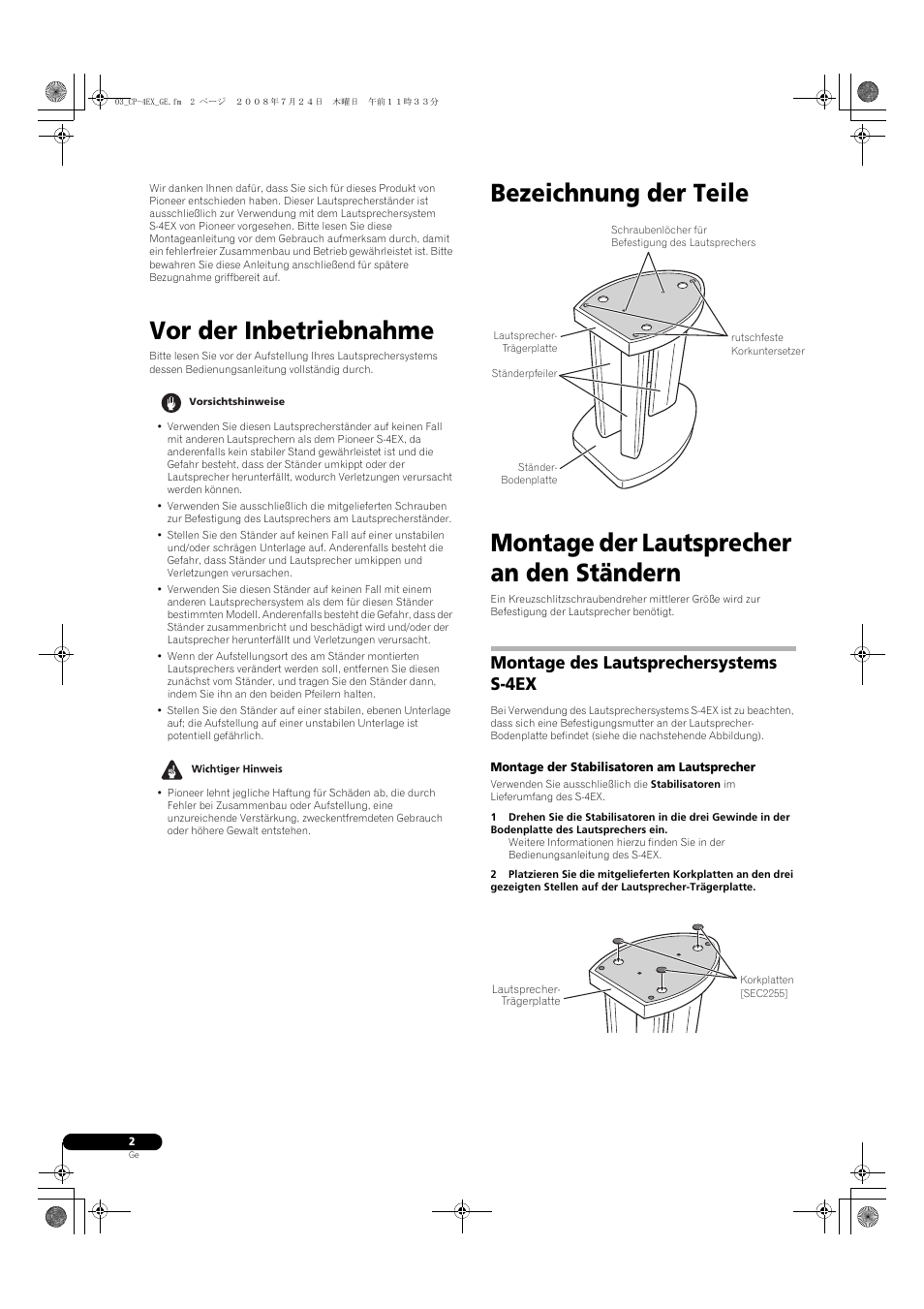 Vor der inbetriebnahme, Montage des lautsprechersystems s-4ex | Pioneer CP-4EX User Manual | Page 6 / 32