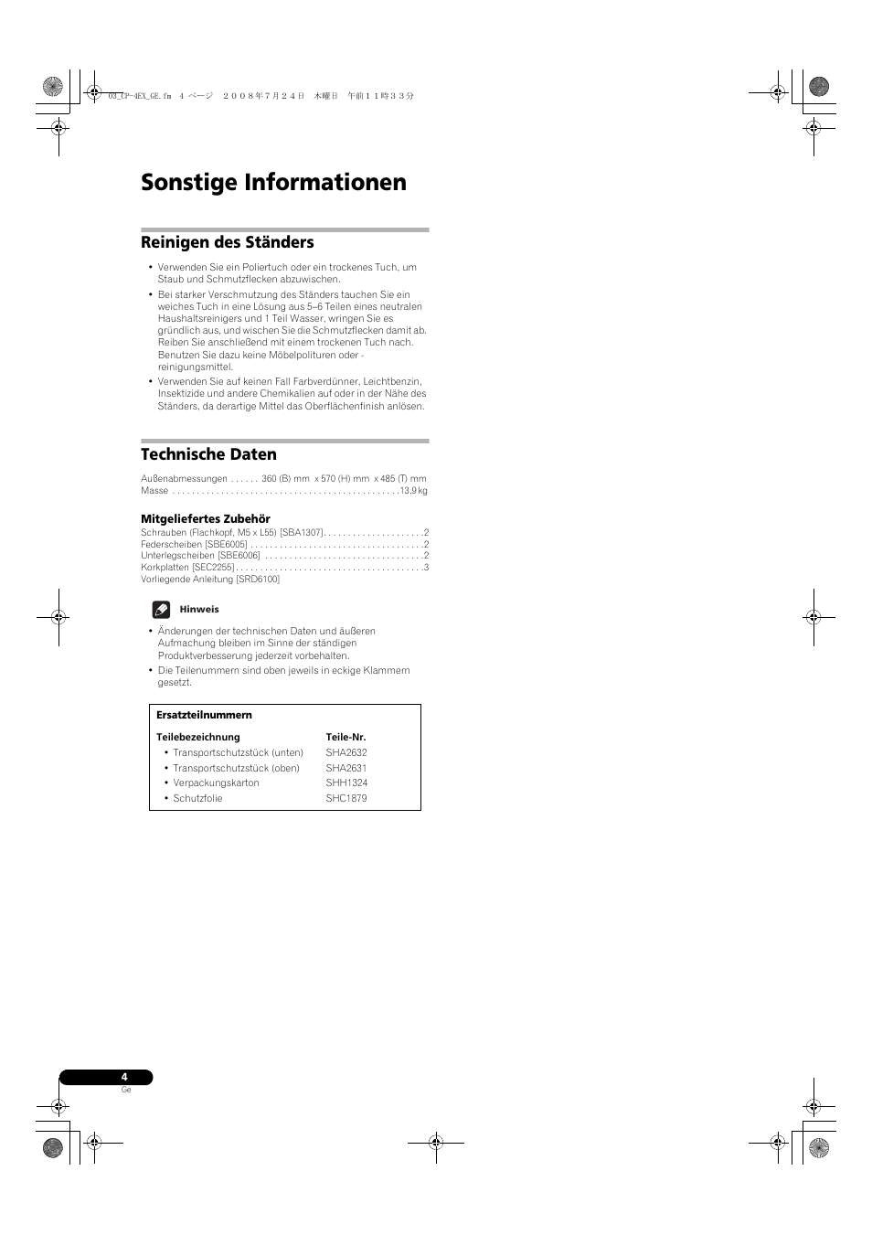 Sonstige informationen, Reinigen des ständers, Technische daten | Pioneer CP-4EX User Manual | Page 8 / 32