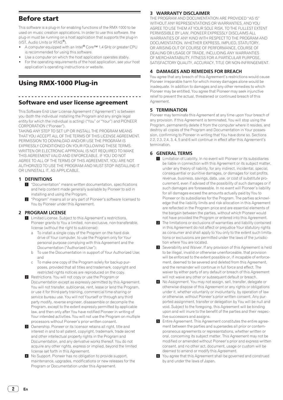 Before start, Using rmx-1000 plug-in, Software end user license agreement | Pioneer RMX-1000 User Manual | Page 2 / 4