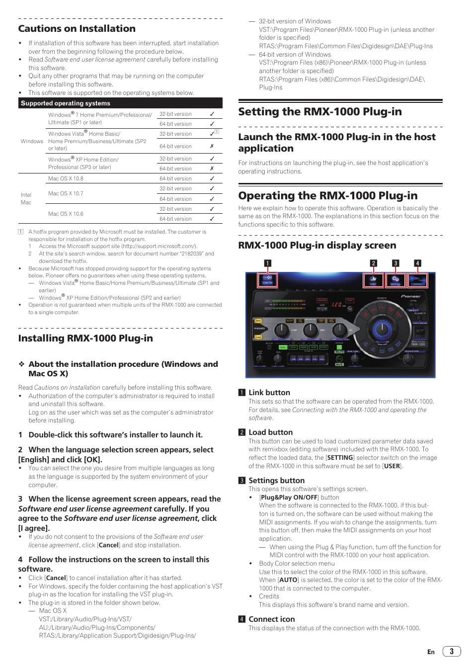 Setting the rmx-1000 plug-in, Operating the rmx-1000 plug-in, Cautions on installation | Installing rmx-1000 plug-in, Rmx-1000 plug-in display screen | Pioneer RMX-1000 User Manual | Page 3 / 4