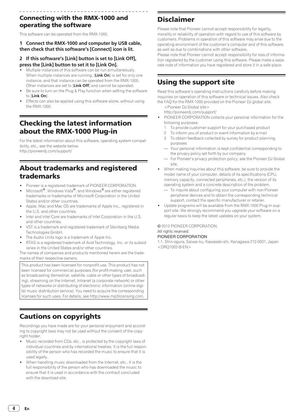 About trademarks and registered trademarks, Cautions on copyrights, Disclaimer | Using the support site | Pioneer RMX-1000 User Manual | Page 4 / 4