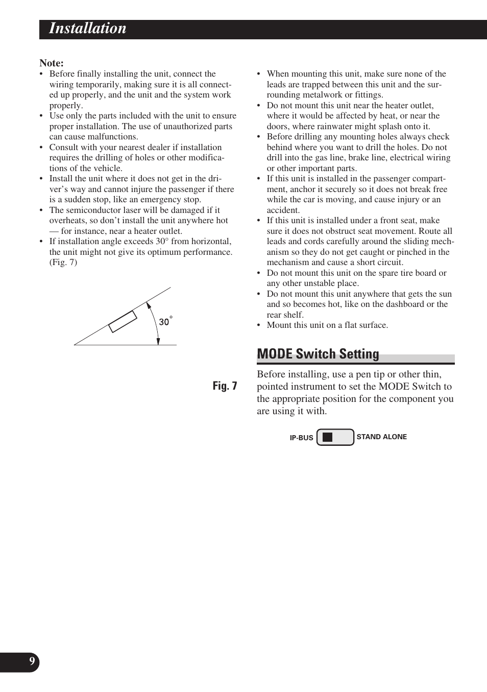 Installation, Mode switch setting | Pioneer SDV-P7 User Manual | Page 10 / 76