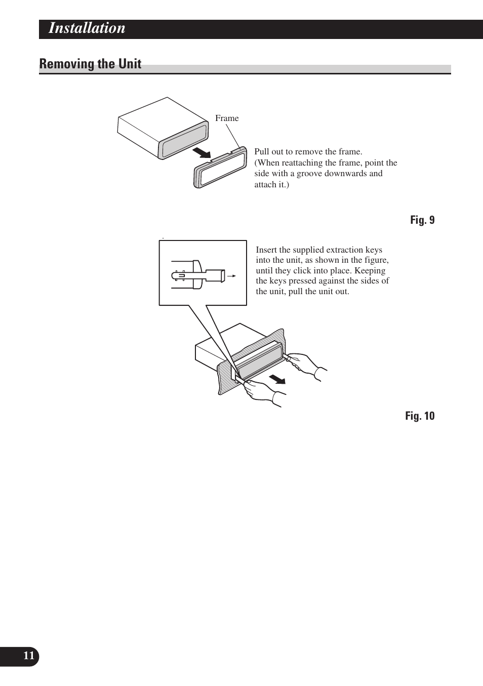 Removing the unit, Installation | Pioneer SDV-P7 User Manual | Page 12 / 76
