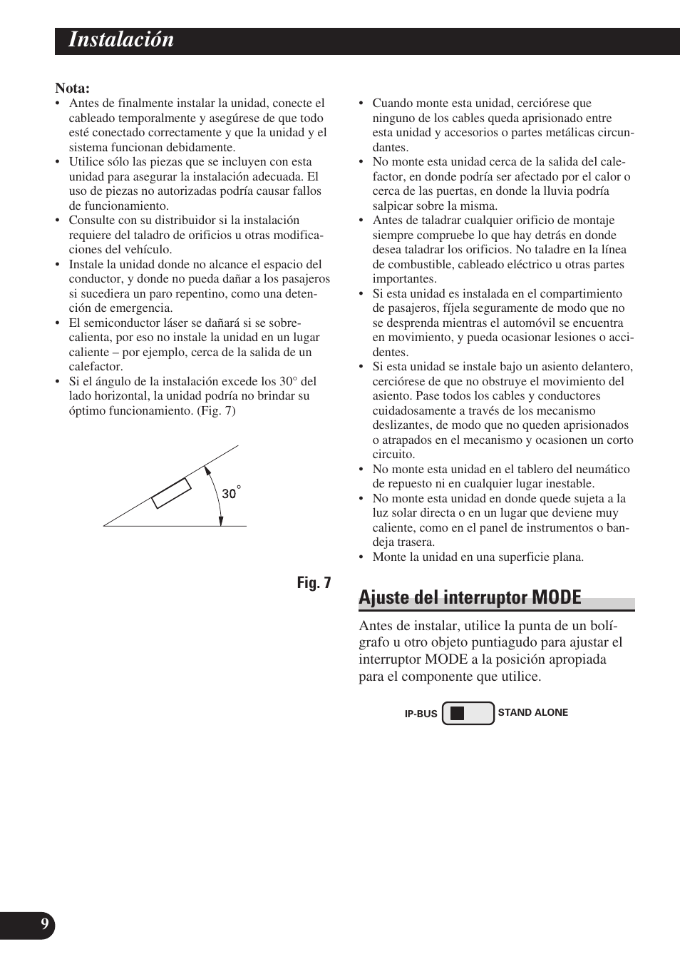 Instalación, Ajuste del interruptor mode | Pioneer SDV-P7 User Manual | Page 22 / 76