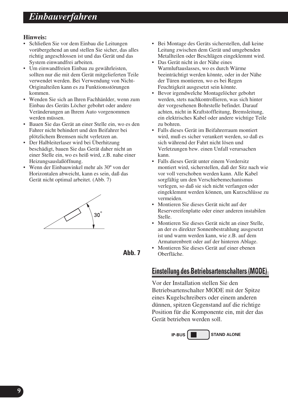 Einbauverfahren, Einstellung des betriebsartenschalters, Mode) | Einstellung des betriebsartenschalters (mode) | Pioneer SDV-P7 User Manual | Page 34 / 76
