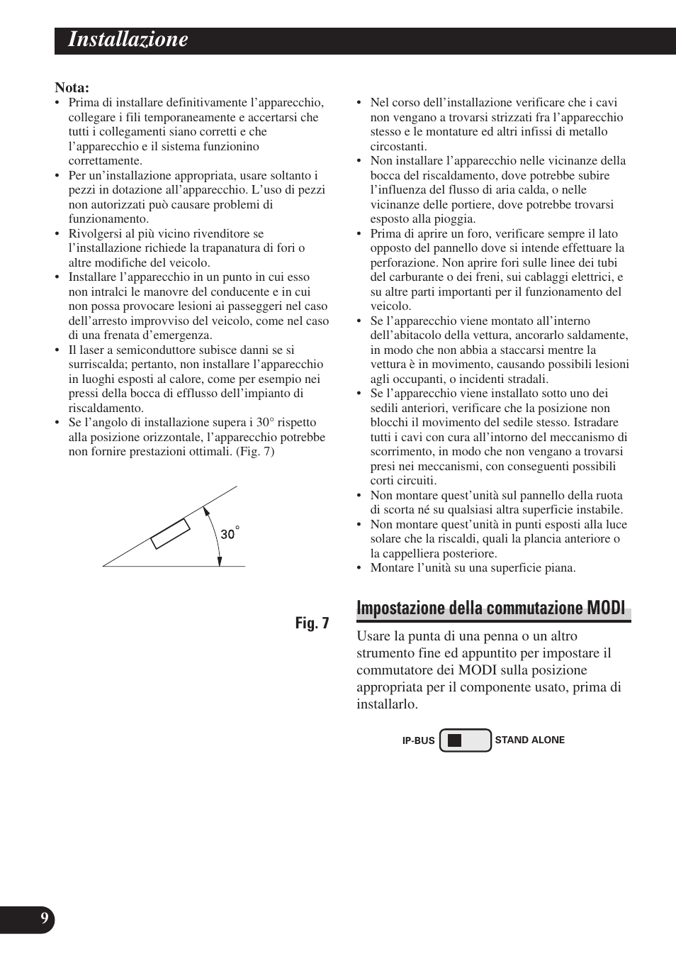 Installazione, Impostazione della commutazione modi | Pioneer SDV-P7 User Manual | Page 58 / 76