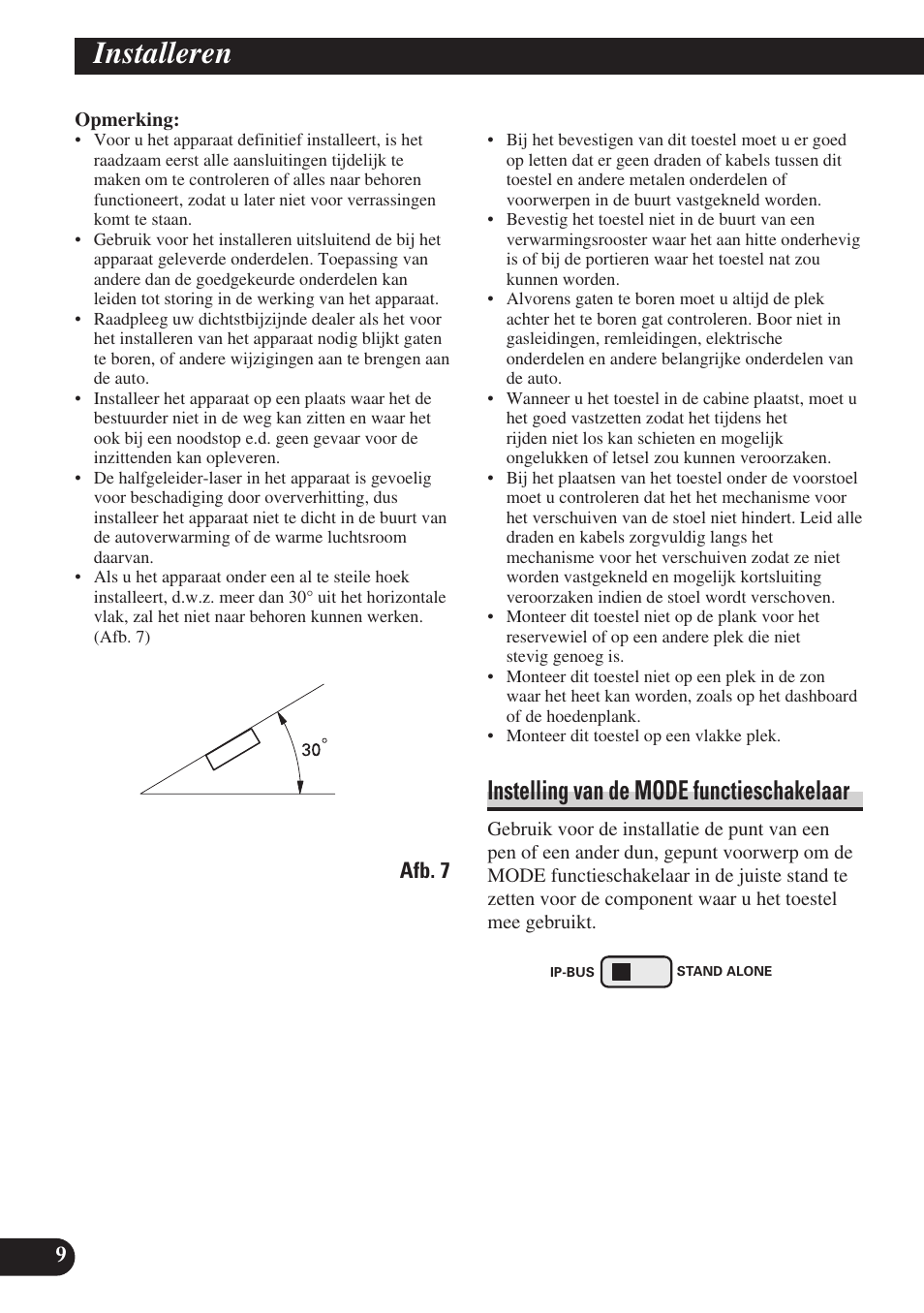 Installeren, Instelling van de mode functieschakelaar | Pioneer SDV-P7 User Manual | Page 70 / 76