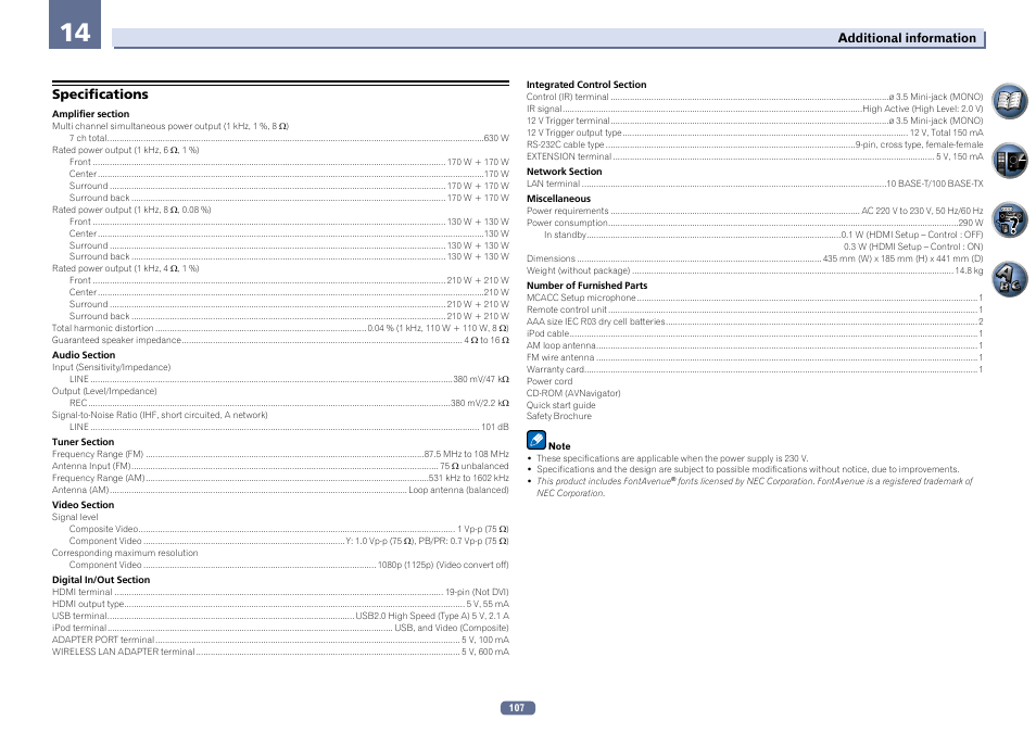 Specifications | Pioneer SC-2022-K User Manual | Page 107 / 113