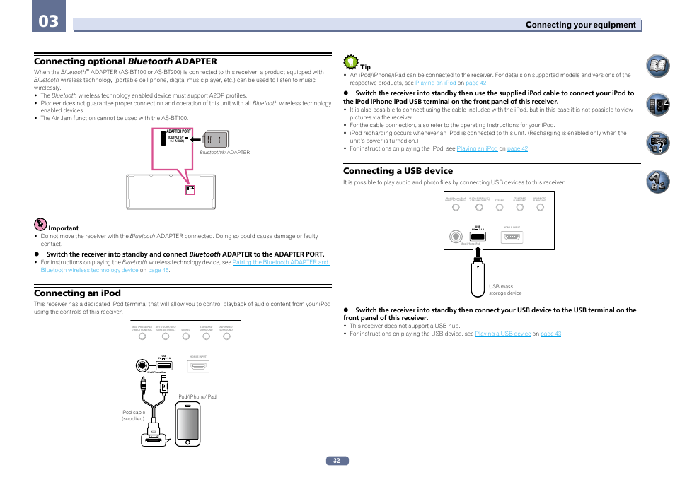 Output 5 v 0.1 a max) adapter port, Connecting optional bluetooth adapter, Connecting an ipod | Connecting a usb device | Pioneer SC-2022-K User Manual | Page 32 / 113