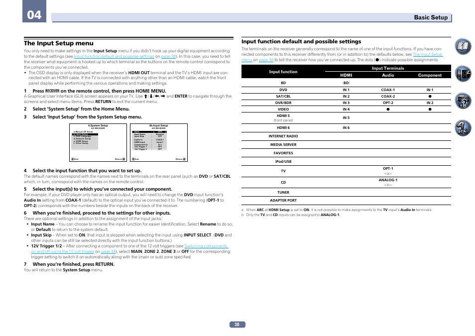 The input setup menu, Basic setup | Pioneer SC-2022-K User Manual | Page 38 / 113