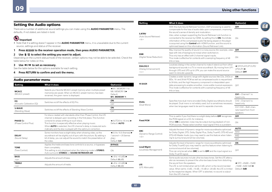 Setting the audio options | Pioneer SC-2022-K User Manual | Page 61 / 113