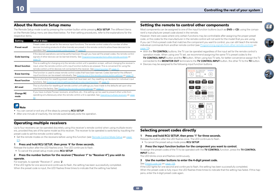 About the remote setup menu, Operating multiple receivers, Setting the remote to control other components | Selecting preset codes directly | Pioneer SC-2022-K User Manual | Page 69 / 113