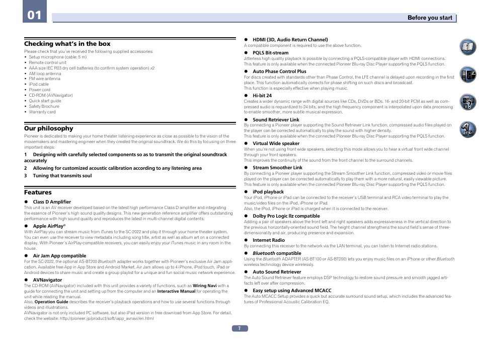 Checking what’s in the box our philosophy features | Pioneer SC-2022-K User Manual | Page 7 / 113