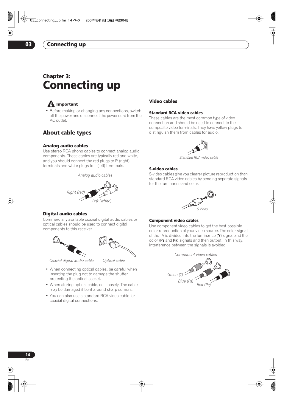 03 connecting up, About cable types, Connecting up | Connecting up 03, Chapter 3 | Pioneer VSX-1014-S User Manual | Page 14 / 80