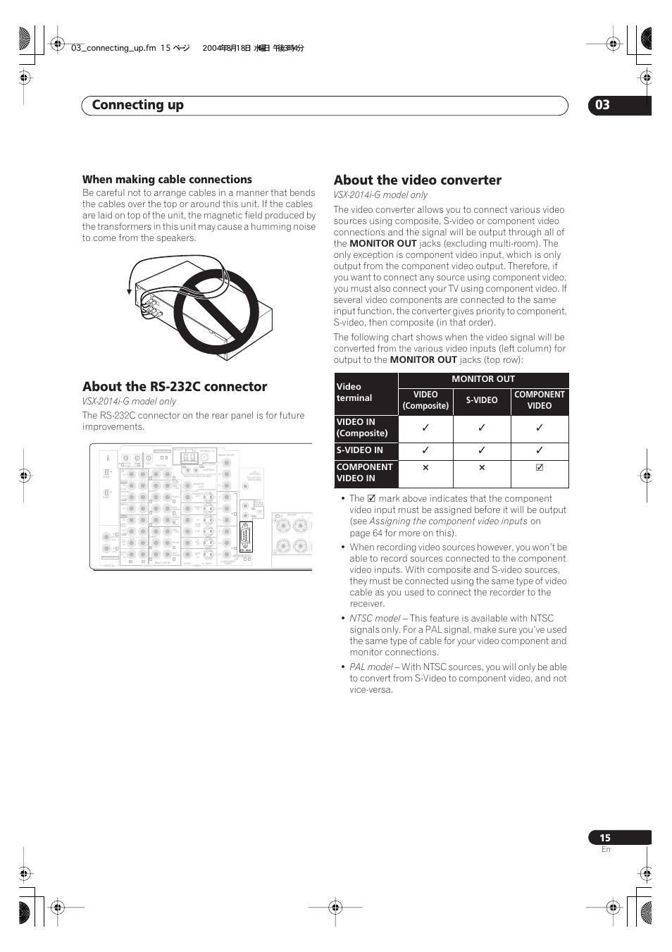 When making cable connections, Connecting up 03, About the rs-232c connector | About the video converter, Vsx-2014i-g model only, Monitor out, Ous video inputs (left column) for output to the, Jacks (top row): • the, Assigning the component video inputs, Ntsc model | Pioneer VSX-1014-S User Manual | Page 15 / 80