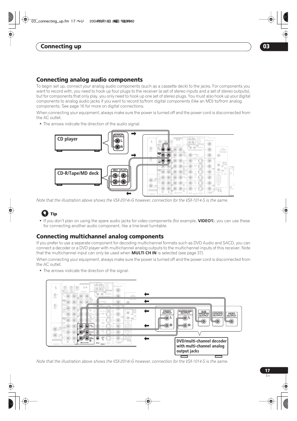Connecting up 03, Connecting analog audio components, Connecting multichannel analog components | Cd player cd-r/tape/md deck, Video1, Multi ch in, 03_connecting_up.fm 17 ページ ２００４年８月１８日 水曜日 午後３時４分, Lr l r | Pioneer VSX-1014-S User Manual | Page 17 / 80
