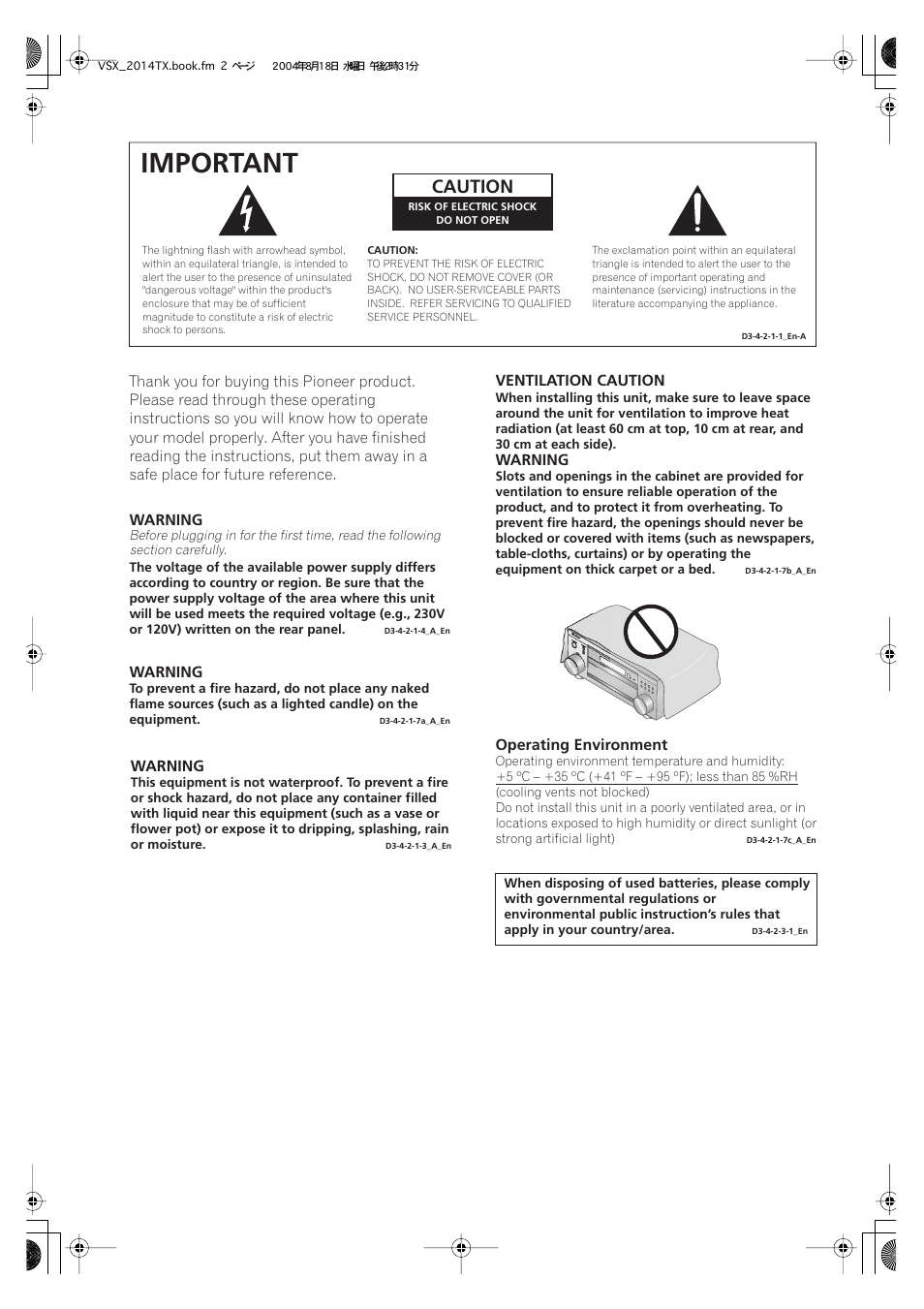 Important, Caution | Pioneer VSX-1014-S User Manual | Page 2 / 80