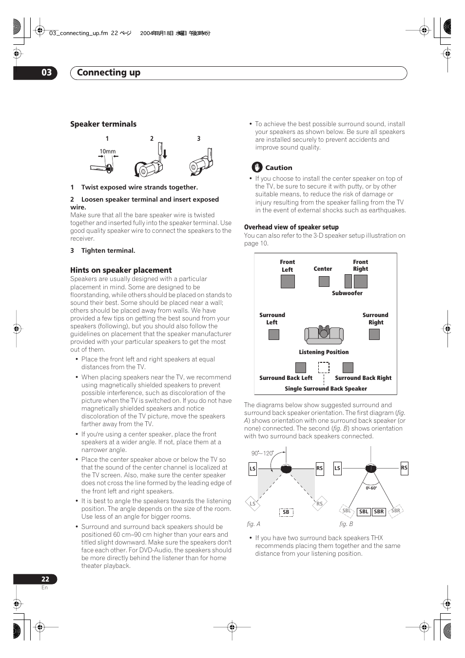 Speaker terminals hints on speaker placement, Connecting up 03 | Pioneer VSX-1014-S User Manual | Page 22 / 80