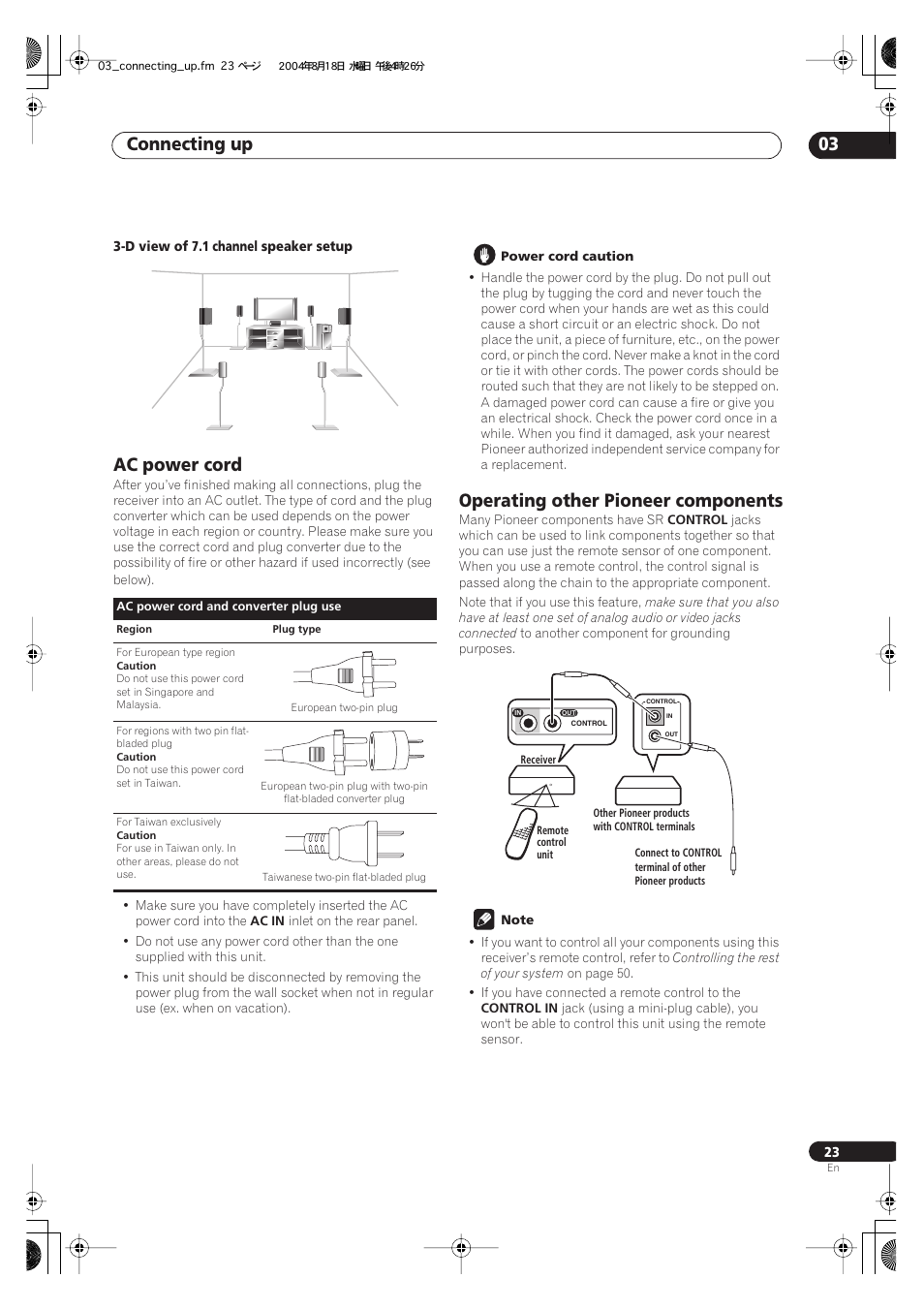 Ac power cord operating other pioneer components, Connecting up 03, Ac power cord | Operating other pioneer components | Pioneer VSX-1014-S User Manual | Page 23 / 80