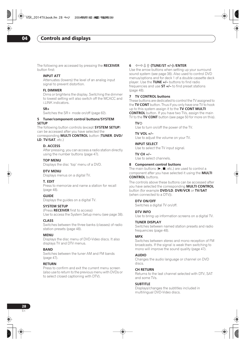 Controls and displays 04 | Pioneer VSX-1014-S User Manual | Page 28 / 80