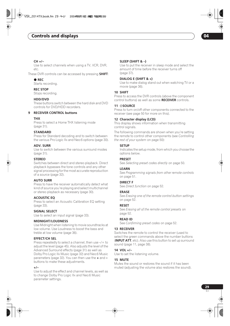 Controls and displays 04 | Pioneer VSX-1014-S User Manual | Page 29 / 80
