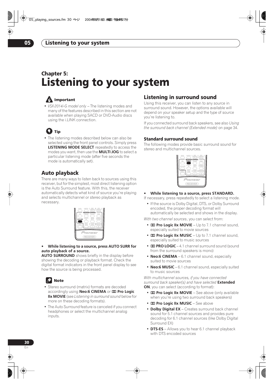 05 listening to your system, Auto playback listening in surround sound, Standard surround sound | Listening to your system, Listening to your system 05, Chapter 5, Auto playback, Listening in surround sound | Pioneer VSX-1014-S User Manual | Page 30 / 80